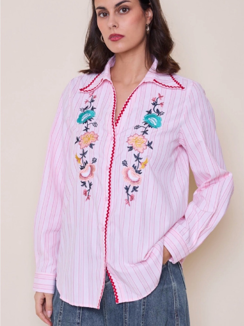 NWT Galita SZ SM Embroidered Button-Up Shirt w/Floral Detail pit2pit 21”L 26”
